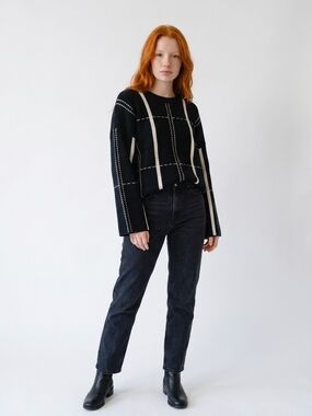Windowpane Knit Long Sleeve Sweater Cardigan - Black & Cream Misses Size M/L